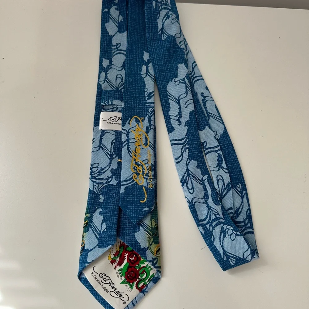 Ed Hardy by Christian Audigier Blue Skull Tattoo Graphic Neck Tie 57